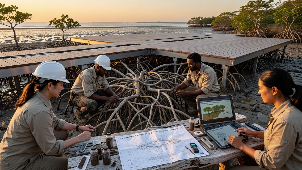 Close-up view of interlocking mangrove roots used as reference for coastal deck foundation design