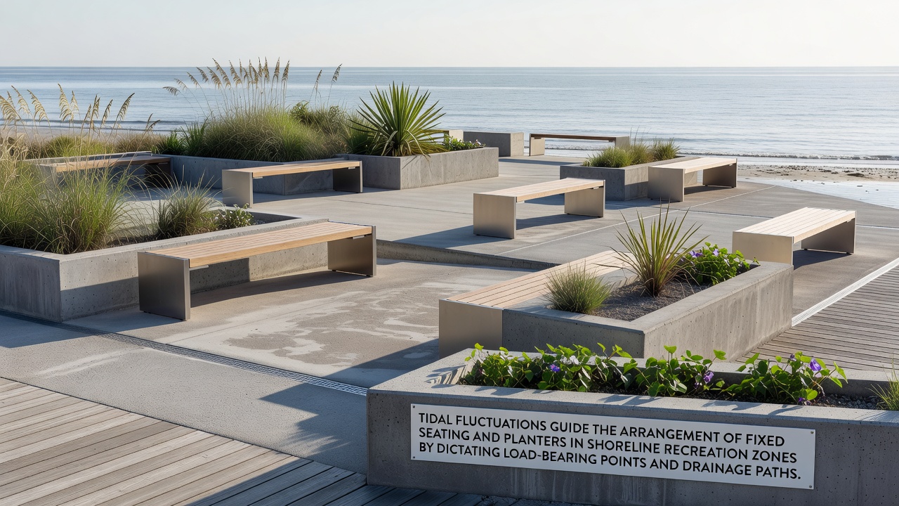 Tidal Fluctuations Guide the Arrangement of Fixed Seating and Planters in Shoreline Recreation Zones by Dictating Load-Bearing Points and Drainage Paths