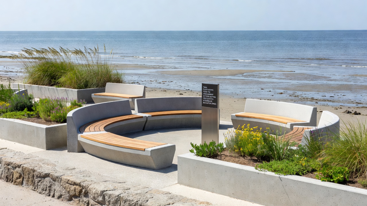 Engineered drainage channels and elevated planter beds positioned according to tidal flow patterns in a coastal park setting