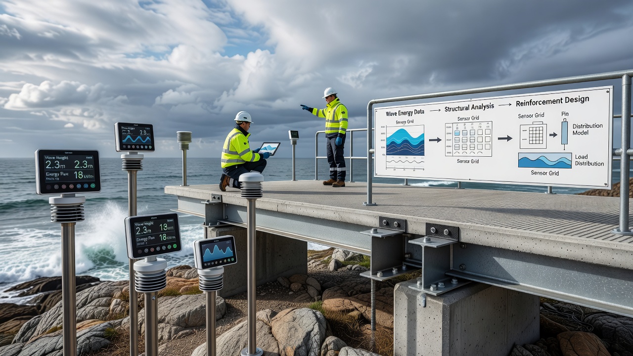 Detailed view of reinforced elevated platform supports with wave energy data overlays